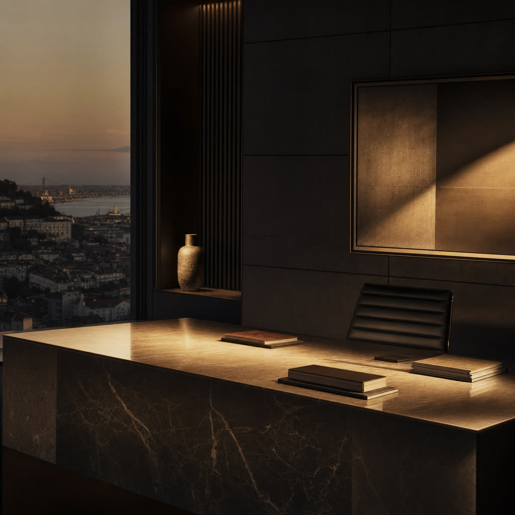 Executive office in Lisbon at dusk, orderly documents under a warm band of light